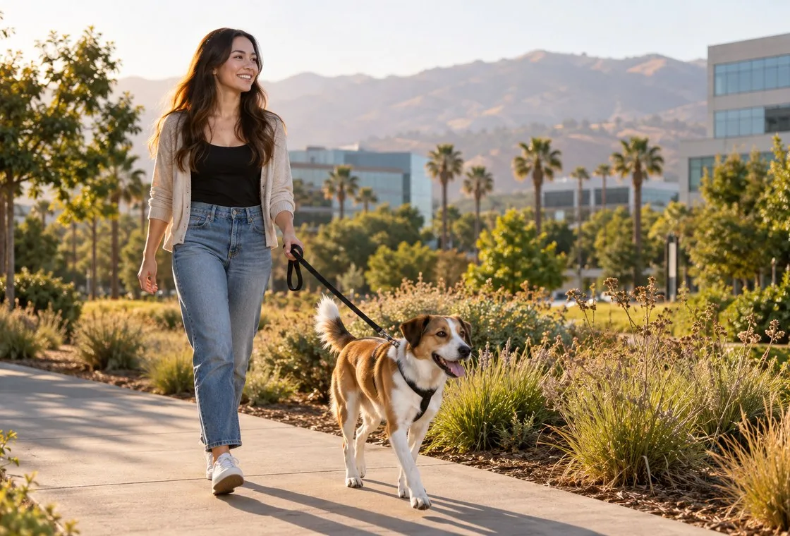 Owner walking a brown-and-white dog on a leash outdoors